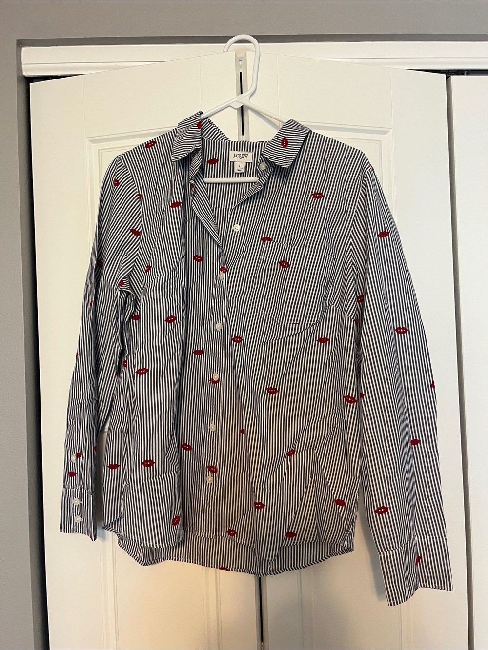 J. Crew Navy & White Striped Button-Up Shirt with Red Lip Motif